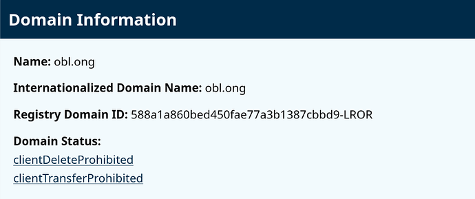 A lookup.icann.org search for  showing a Domain Status of clientDeleteProhibited and clientTransferProhibited, and notably DOES NOT include serverHold - which prevented our members' domains from resolving.